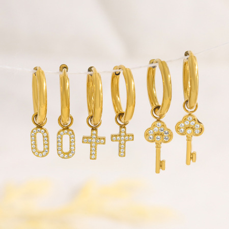 Boucles d'oreilles pendantes pour femme, en acier inoxydable doré, imperméables, en forme de croix, ornées de strass. 2