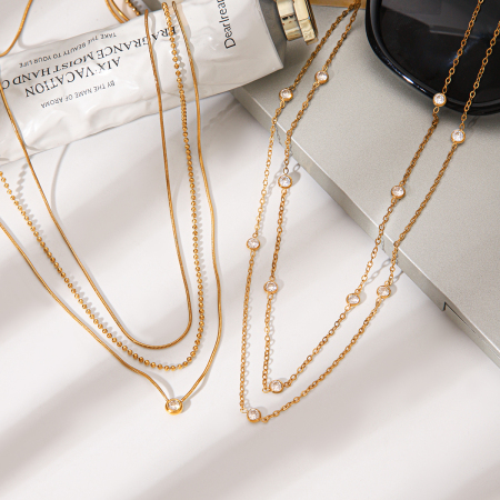Colliers superposés pour femmes, en acier inoxydable, couleur or, avec zircon, collection Simple Series Daily Chain 2