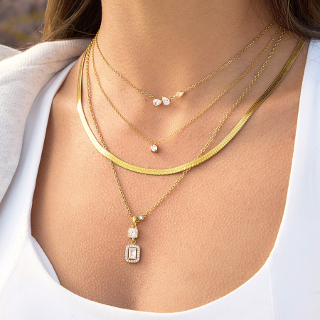 Colliers pendentifs pour femmes, simples, ronds et rectangulaires, en acier inoxydable, étanches, couleur or, avec zircon.