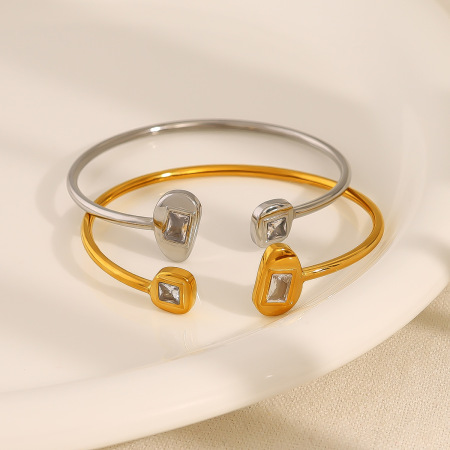 Bracelet manchette femme en acier inoxydable de forme irrégulière, étanche, couleur or, orné de zircon. 2