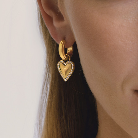Boucles d'oreilles pendantes pour femme, en acier inoxydable doré, ornées de strass et représentant un cœur simple. 2