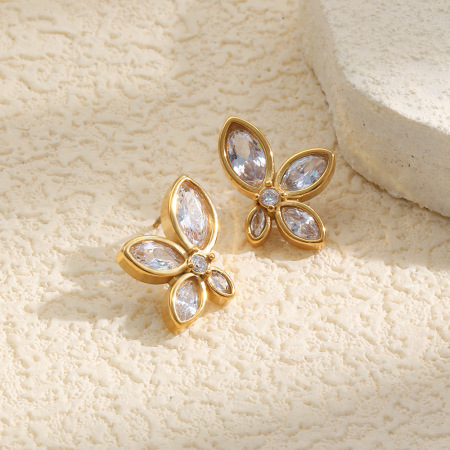 Boucles d'oreilles puces pour femmes en acier inoxydable, forme de fleur, couleur or, étanches, avec zircon.