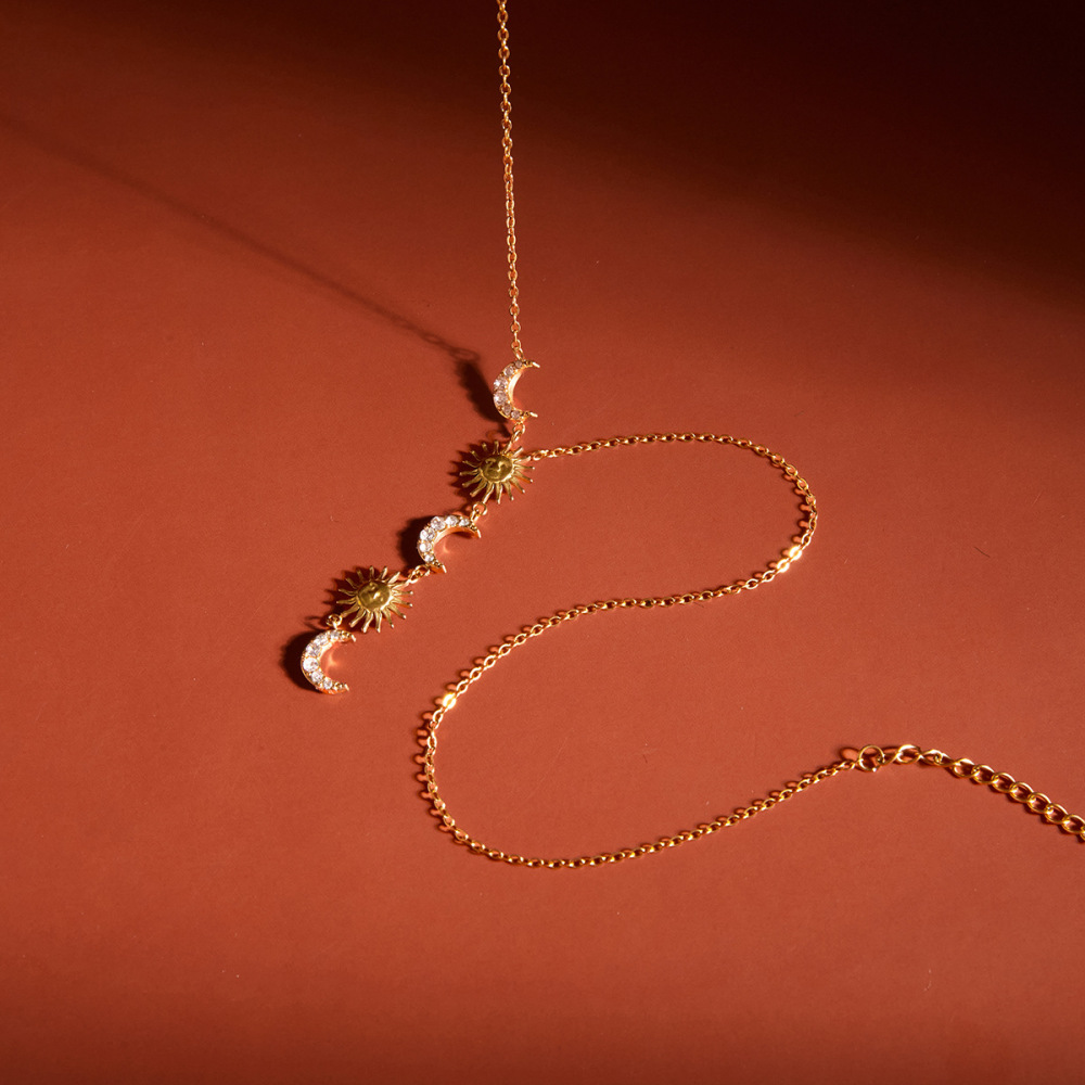Colliers Pendentifs Pour Femmes En Acier Inoxydable Étanche, Forme Y, Ornés De Strass, Représentant Le Soleil Et La Lune Image5
