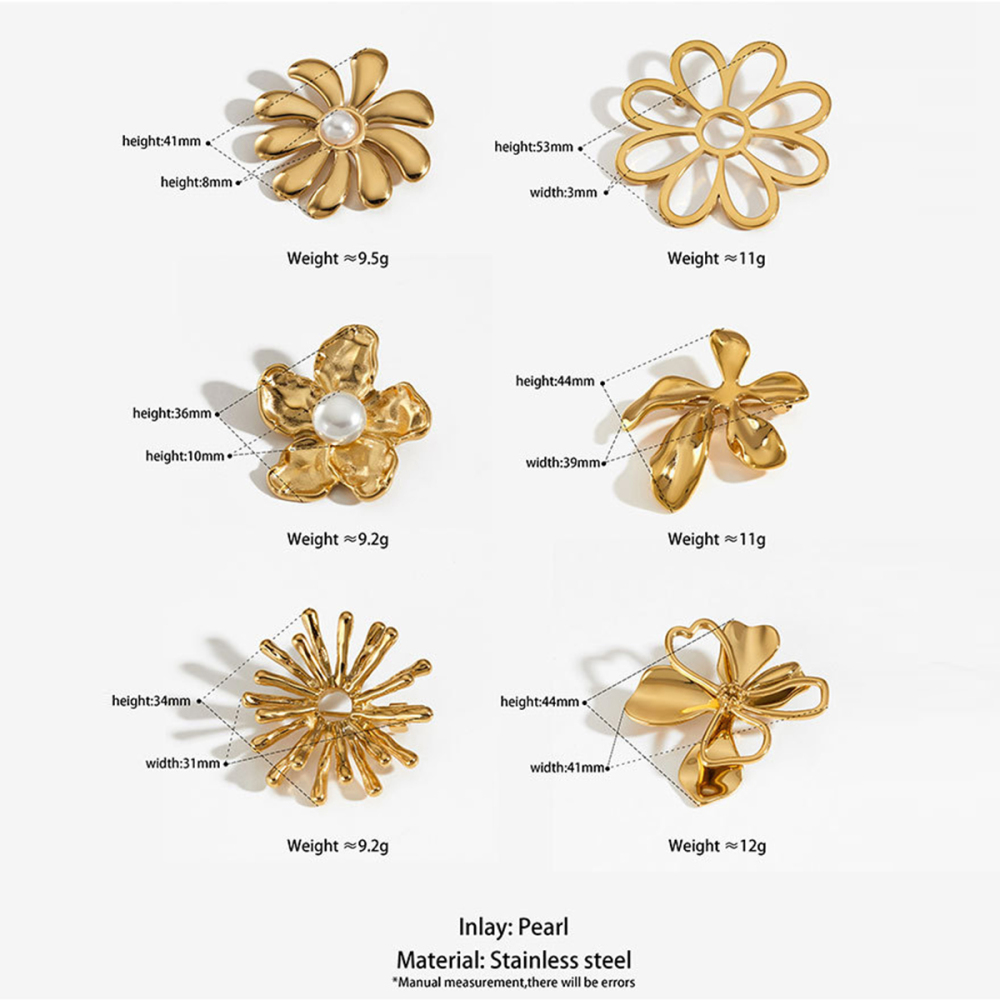 Broches Romantiques Rétro À Fleurs En Acier Inoxydable Étanche Couleur Or Et Perles Image6