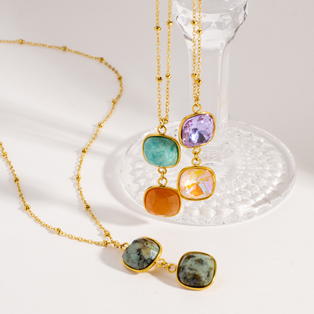 Colliers Pendentifs Pour Femmes, Style Rétro Simple, Rectangulaires, En Pierres Naturelles De Couleur Or Image3