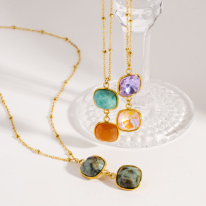 Colliers Pendentifs Pour Femmes, Style Rétro Simple, Rectangulaires, En Pierres Naturelles De Couleur Or h5 Image3