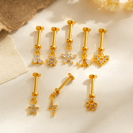 Boucles d'oreilles piercing femme en forme de cœur, couleur cuivre doré, avec zircon.