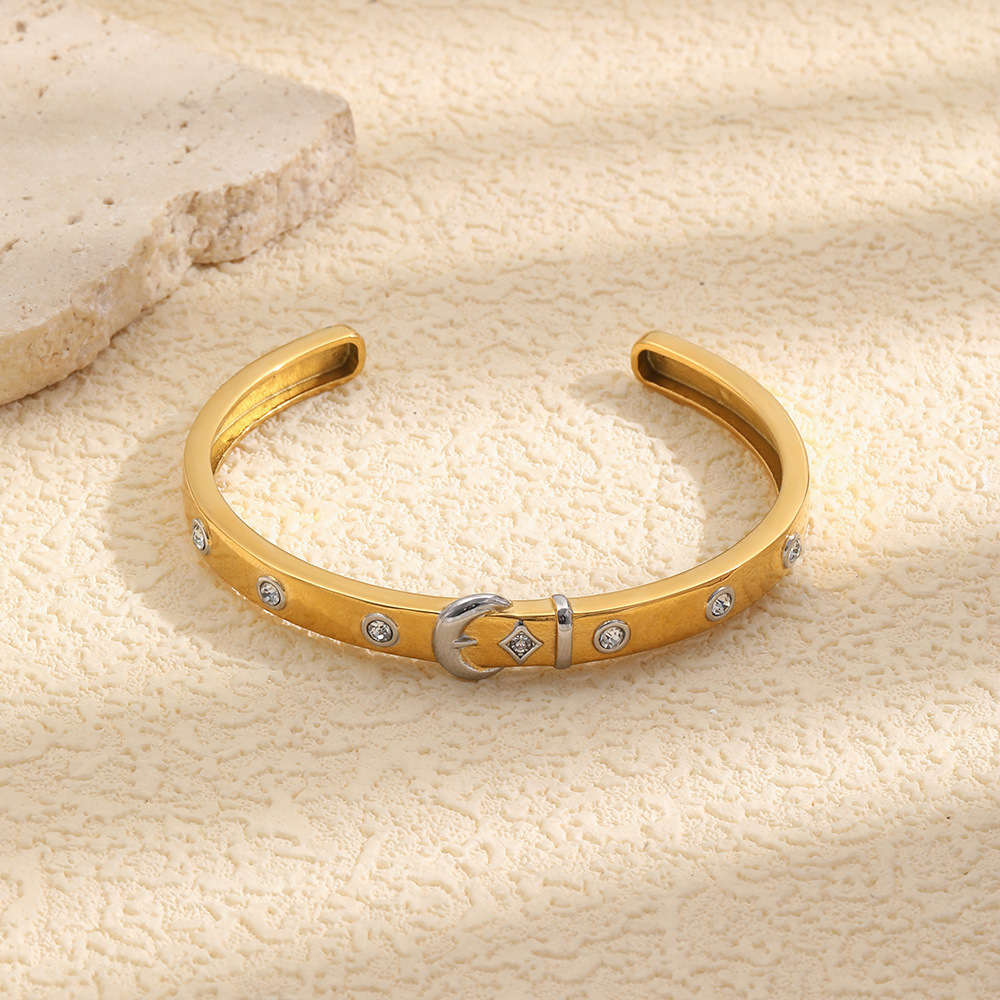 Bracelet Manchette Simple Moon En Acier Inoxydable, Étanche, Couleur Or, Avec Zircon Pour Femme Image3