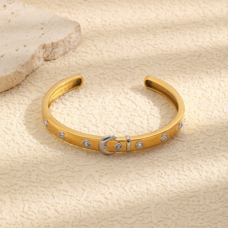 Bracelet manchette Simple Moon en acier inoxydable, étanche, couleur or, avec zircon pour femme 2