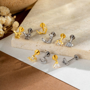 Boucles D'Oreilles Piercing Femme, Luxueuses, Simples Et Irrégulières, En Alliage De Titane Doré Avec Zircon. h5 Image3