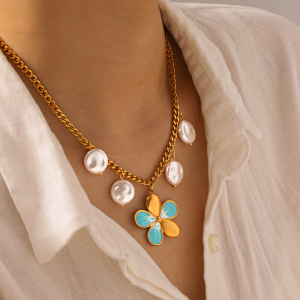 Colliers Pendentifs Pour Femmes En Acier Inoxydable, Couleur Or, En Forme De Fleur Et Perle, Étanches h5 Image4