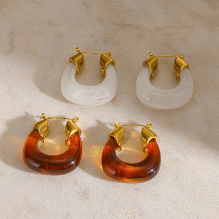 Boucles d'oreilles créoles rétro en résine et acier inoxydable, couleur or, pour femmes 2