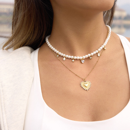 Colliers pendentifs pour femmes en acier inoxydable, perles en forme de cœur rétro, zircon couleur or, étanches