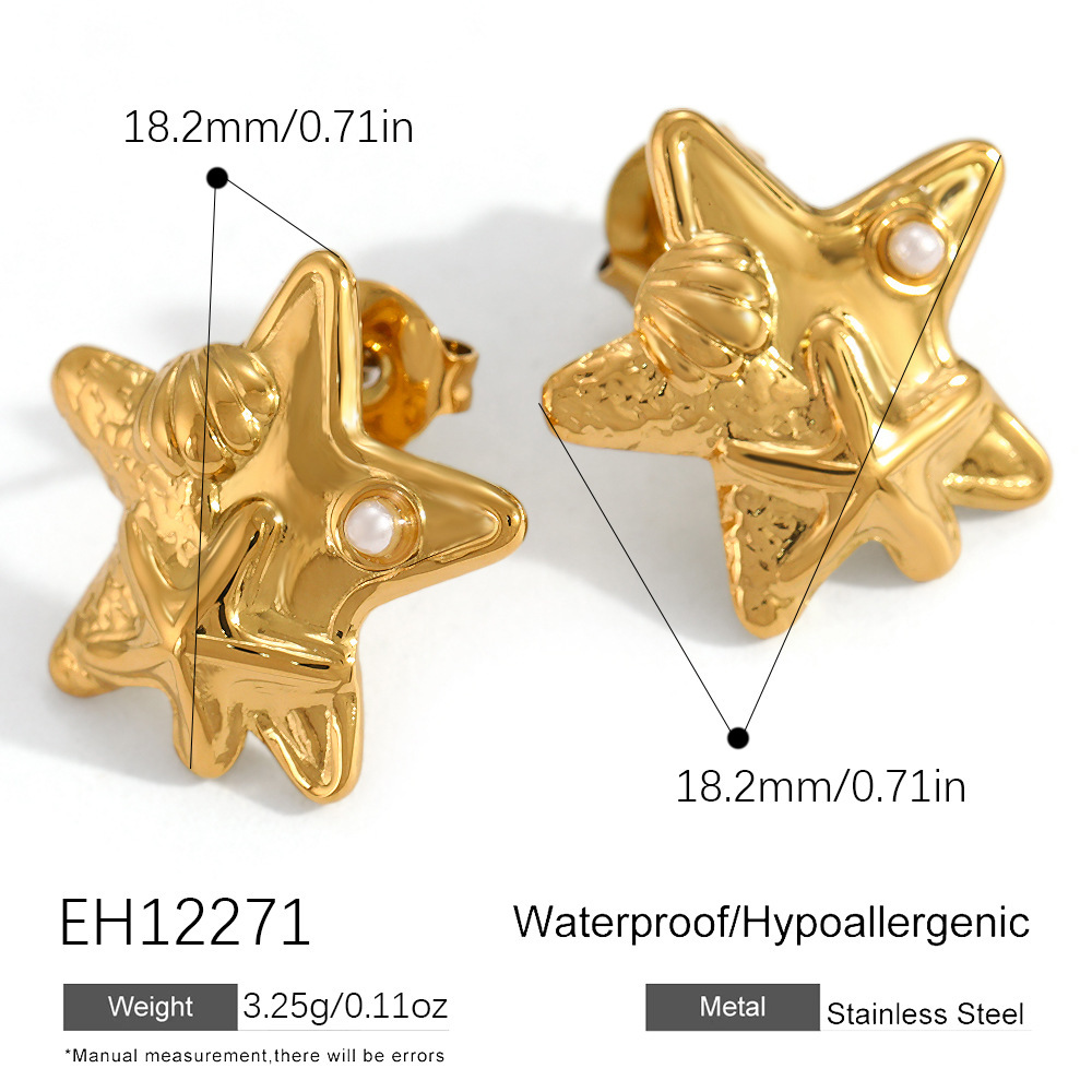 Boucles D'Oreilles Puces Pour Femmes, Élégantes, En Forme D'Étoile De Mer, En Acier Inoxydable Étanche, Couleur Or, De La Série Simple.