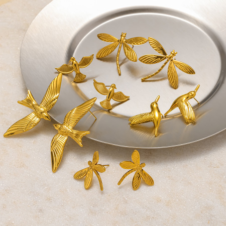 Boucles d'oreilles puces pour femmes en acier inoxydable, couleur or, en forme d'oiseau