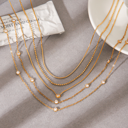 Colliers superposés pour femmes, en acier inoxydable, couleur or, avec zircon, collection Simple Series Daily Chain