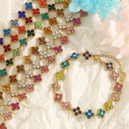Bracelet chaîne femme en acier inoxydable doré, orné de strass et de fleurs romantiques 2