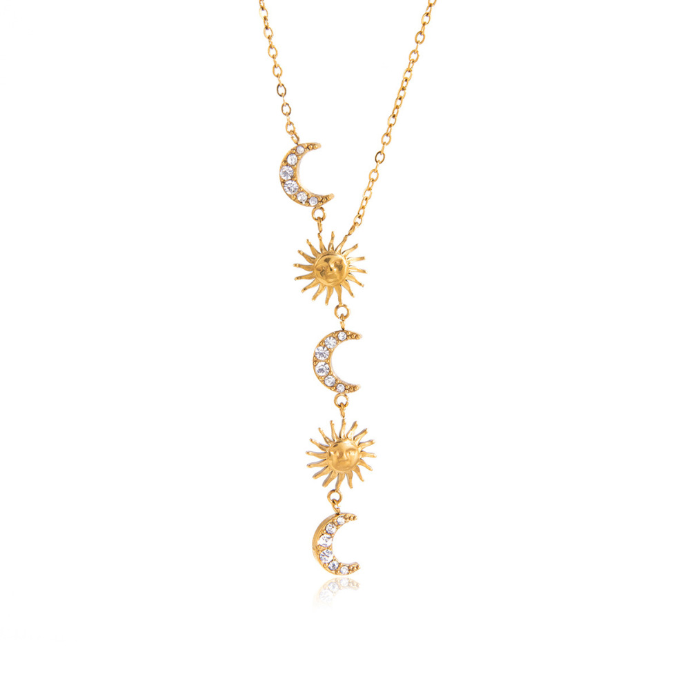 Colliers Pendentifs Pour Femmes En Acier Inoxydable Étanche, Forme Y, Ornés De Strass, Représentant Le Soleil Et La Lune Image6
