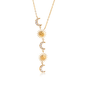Colliers Pendentifs Pour Femmes En Acier Inoxydable Étanche, Forme Y, Ornés De Strass, Représentant Le Soleil Et La Lune h5 Image6
