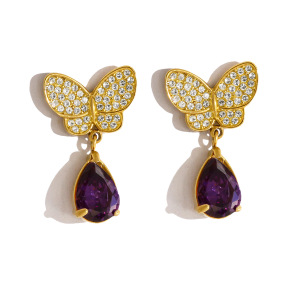 Boucles D'Oreilles Pendantes Romantiques En Acier Inoxydable, Imperméables, Couleur Or, Avec Papillon Et Cristaux. h5 Image5