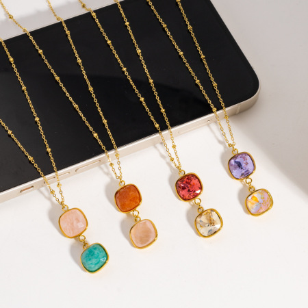 Colliers pendentifs pour femmes, style rétro simple, rectangulaires, en pierres naturelles de couleur or 2
