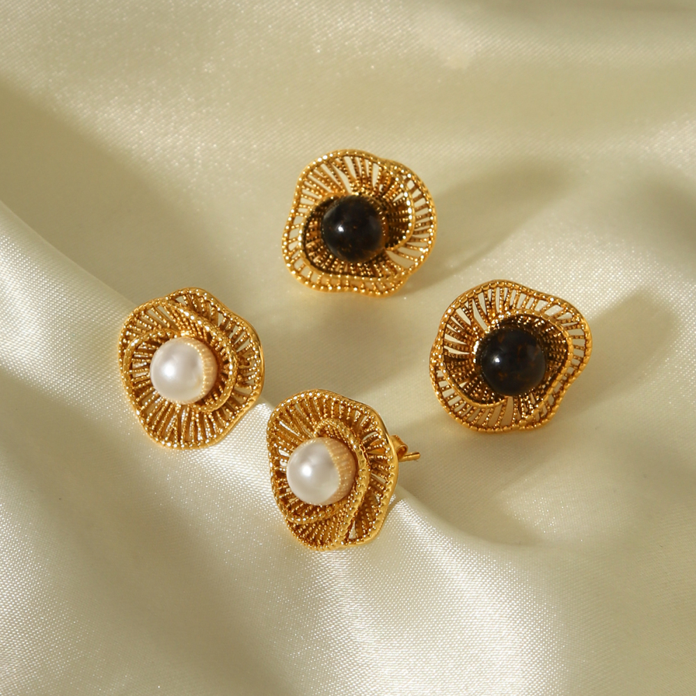 Boucles D'Oreilles Puces Pour Femmes, Style Rétro Simple, En Acier Inoxydable, Étanches, Couleur Or, Avec Pierre Naturelle Et Perle. h5Image5