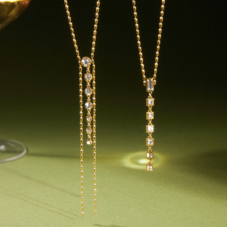 Colliers pendentifs pour femmes, luxueux et élégants, en acier inoxydable, étanches, couleur or, avec zircon, en forme de Y.