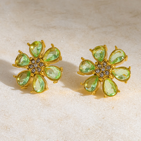 Boucles d'oreilles puces pour femmes, luxueuses et élégantes, en acier inoxydable, étanches, couleur or, ornées de zircon et d'un motif floral.