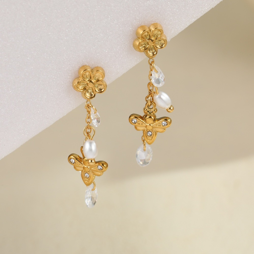 Boucles D'Oreilles Pendantes Pour Femme, Style Ailes De Fleur, En Acier Inoxydable Étanche, Couleur Or. Image4