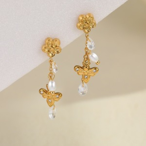 Boucles D'Oreilles Pendantes Pour Femme, Style Ailes De Fleur, En Acier Inoxydable Étanche, Couleur Or. h5 Image4