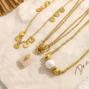 Colliers Pendentifs Pour Femmes En Acier Inoxydable, Forme Irrégulière Rétro, Couleur Or, Avec Perle Et Cristal h5 Image3