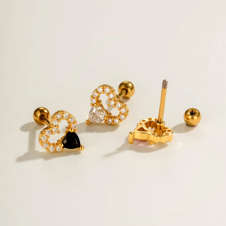 Boucles d'oreilles piercing femme en forme de cœur, couleur cuivre doré, avec zircon. 2