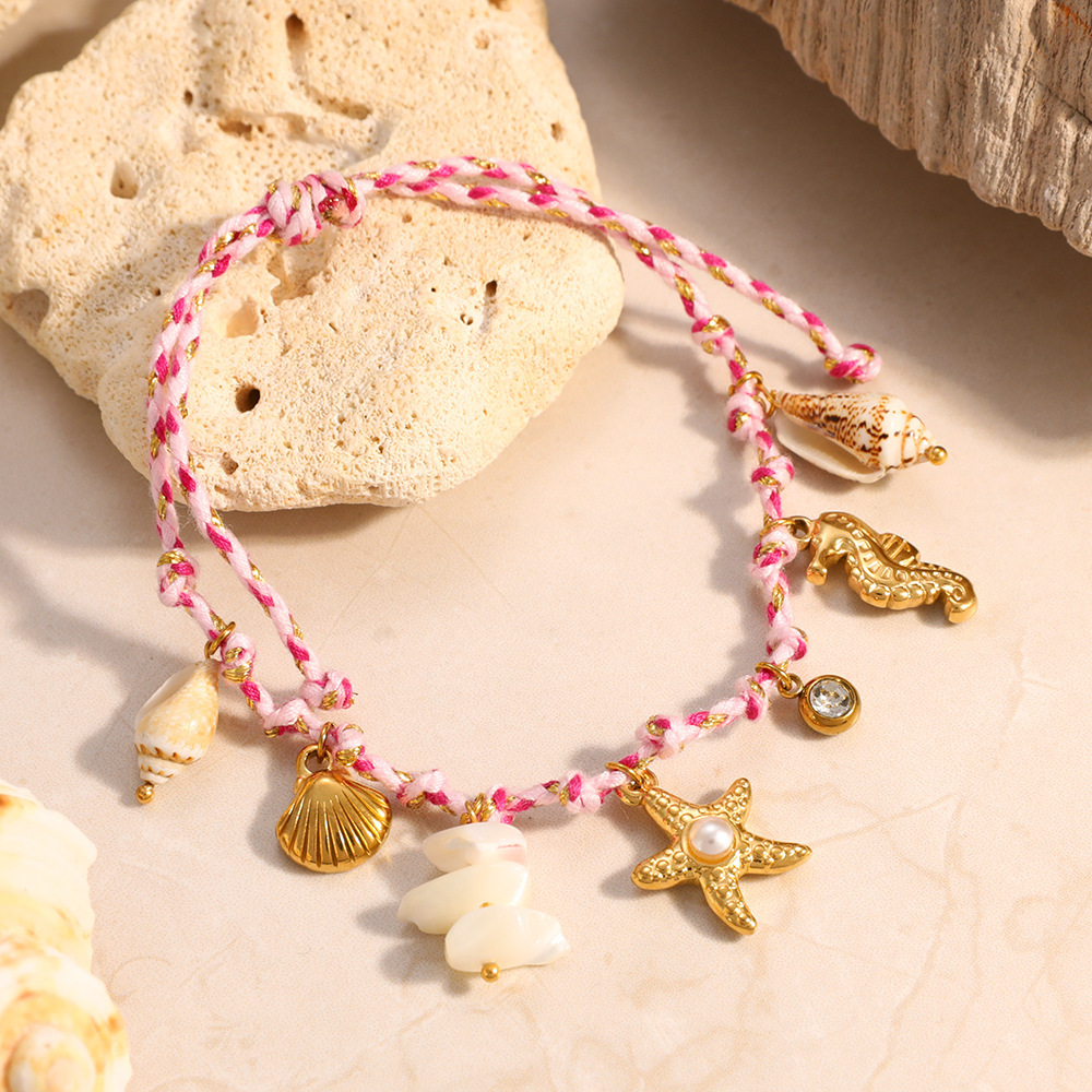 Bracelets À Breloques Pour Femmes, En Corde Tressée Dorée Et Coquillage, Parfaits Pour Les Vacances Image3