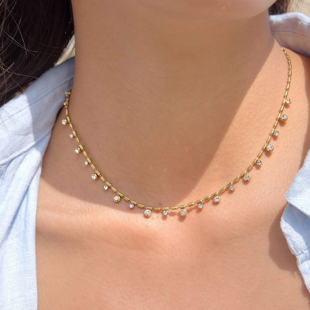 Colliers Pendentifs Pour Femmes, Simples Et Ronds, En Acier Inoxydable, Étanches, Couleur Or, Ornés De Strass Image3