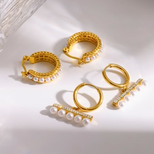 Boucles D'Oreilles Créoles Pour Femmes, Forme Géométrique, En Acier Inoxydable, Étanches, Couleur Or, Avec Perles Artificielles. h5 Image2