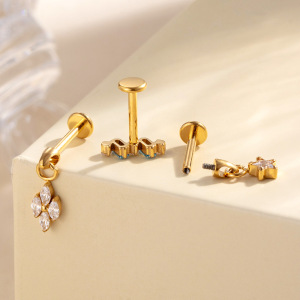Boucles D'Oreilles Piercing Pour Femme, Forme Géométrique Simple En Étoile, Alliage De Titane, Couleur Or, Zircon. h5 Image3