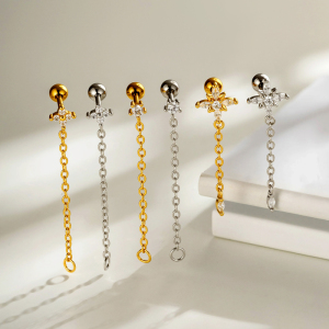 Boucles D'Oreilles Piercing Pour Femme, Motif Floral Simple, Couleur Cuivre Doré Et Zircon. h5 Image6