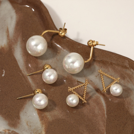 Boucles d'oreilles pendantes élégantes pour femme, en acier inoxydable doré, imperméables, de forme géométrique et ornées de perles.