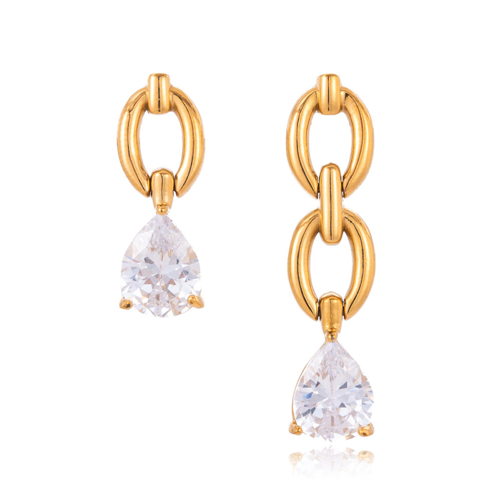 Boucles D'Oreilles Pendantes Pour Femme, Style Simple, Rondes, En Acier Inoxydable, Étanches, Couleur Or, Avec Zircon Triangulaire. Image5