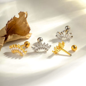 Boucles D'Oreilles Piercing Femme, Motif Fleur Simple, Triangle Et Lune, Zircon Couleur Cuivre Doré h5 Image3