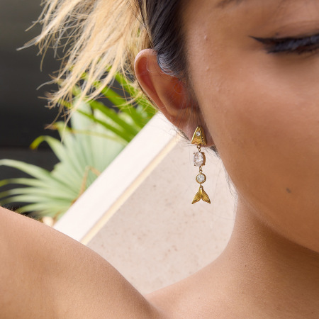 Boucles d'oreilles pendantes pour femme, style rétro, en acier inoxydable, couleur or, avec zircon, résistantes à l'eau. Motif poisson. Collection luxueuse. 2