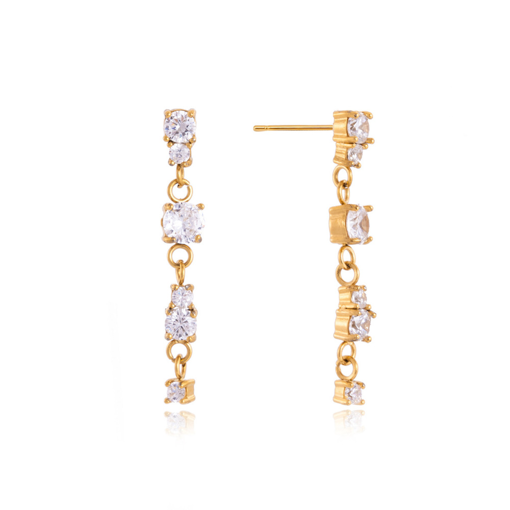 Boucles D'Oreilles Pendantes Pour Femme, En Acier Inoxydable Imperméable, Couleur Or, Avec Pompon Simple Et Zircon. Image5