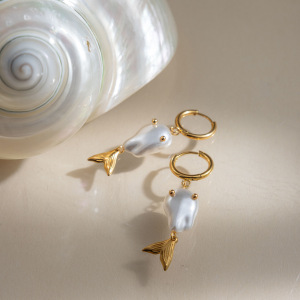 Boucles D'Oreilles Pendantes Pour Femme, Style Océanique, En Acier Inoxydable, Forme De Poisson, Couleur Or, Imperméables, Avec Perles h5 Image4