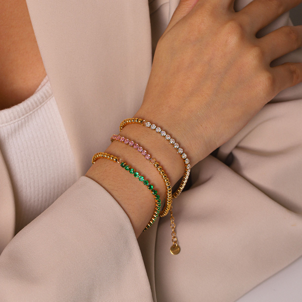 Bracelet Chaîne Pour Femme Simple Series Daily Beads En Acier Inoxydable Étanche Couleur Or Avec Zircon. h5Image5