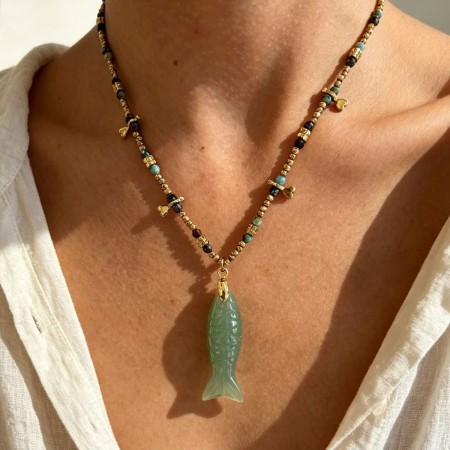 Colliers de perles pour femmes, en acier inoxydable, couleur or, motif poisson et perles de vacances