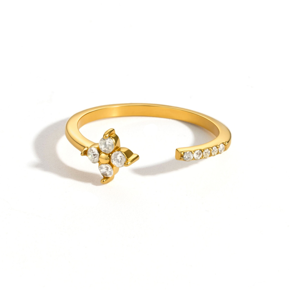 Bagues Pour Femmes Simple Clover En Acier Inoxydable Étanche Couleur Or Avec Zircon Et Pierre Précieuse Image5