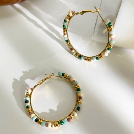 Boucles d'oreilles créoles pour femmes, en acier inoxydable, couleur or, avec perles de pierre naturelle et étanchéité. 2