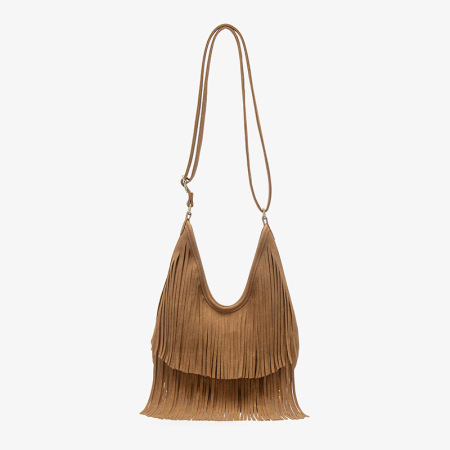 Sac rond pour femme en cuir uni à pompons style bohème