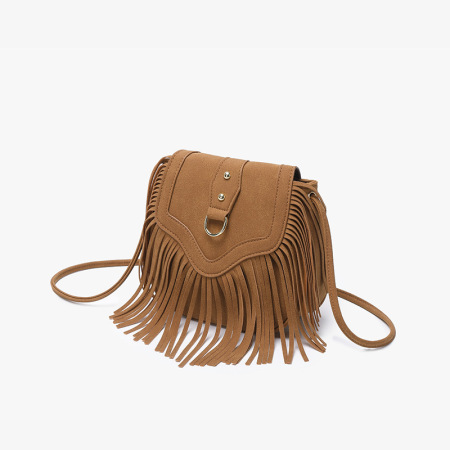 Sac rond pour femme en cuir uni à pompons style bohème 2