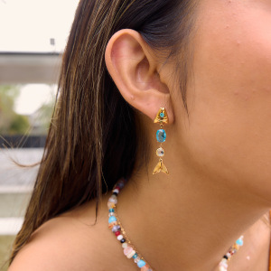 Boucles D'Oreilles Pendantes Pour Femme, Style Rétro, En Acier Inoxydable, Couleur Or, Avec Zircon, Résistantes À L'Eau. Motif Poisson. Collection Luxueuse. h5 Image3